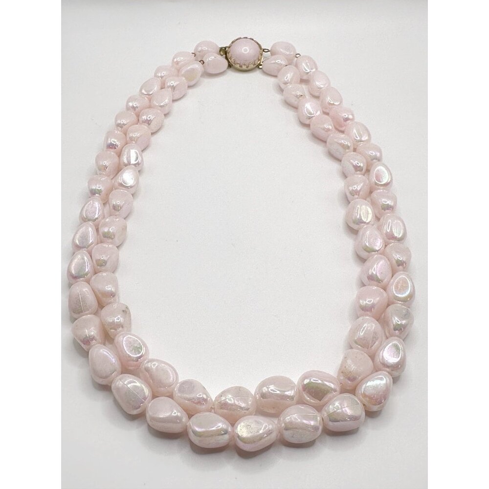 Pale Pearlescent Pink Plastic Double Strand‎ West Germany Necklace